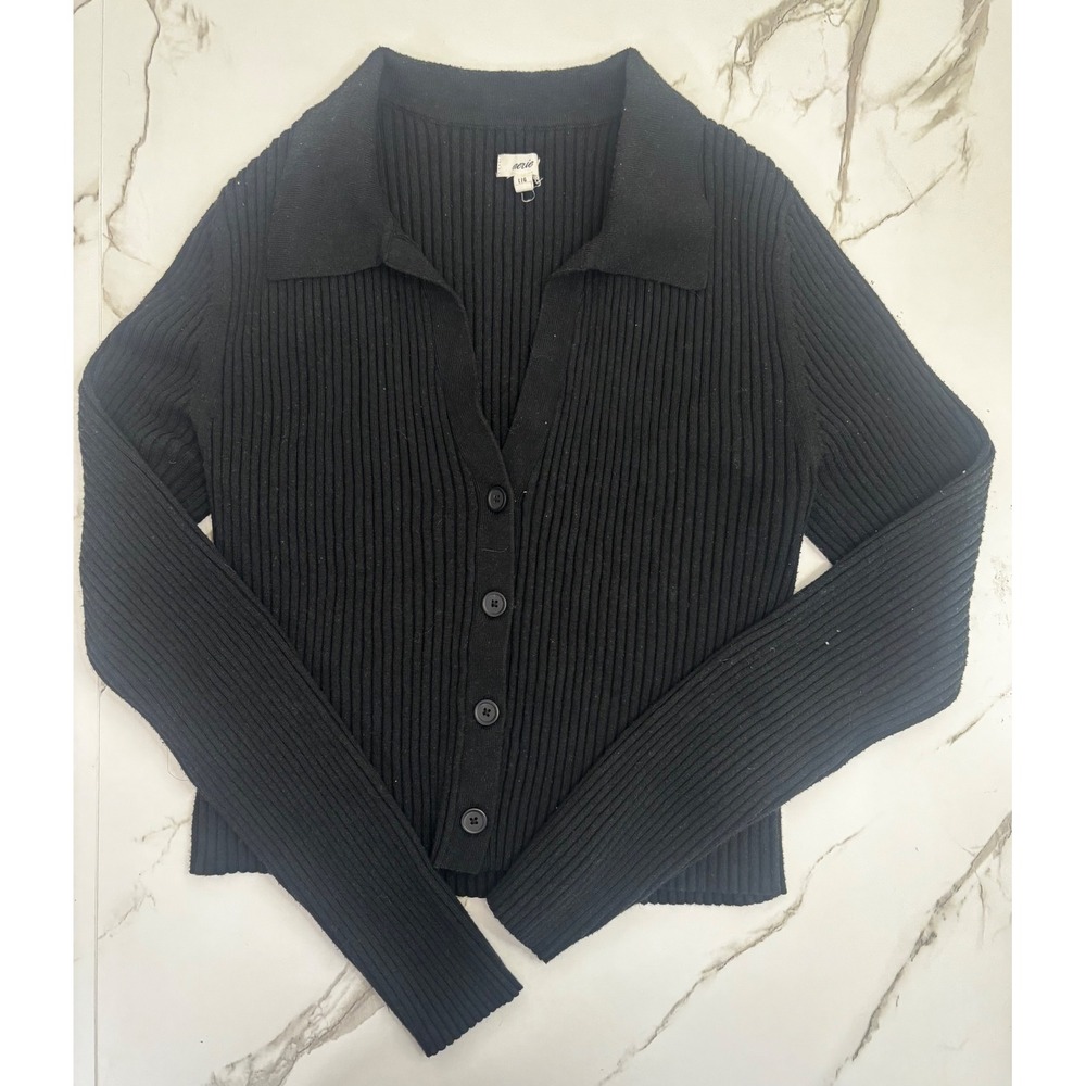 Aerie Women Black Ribbed Knit Polo Cardigan Button Front Sweater Large